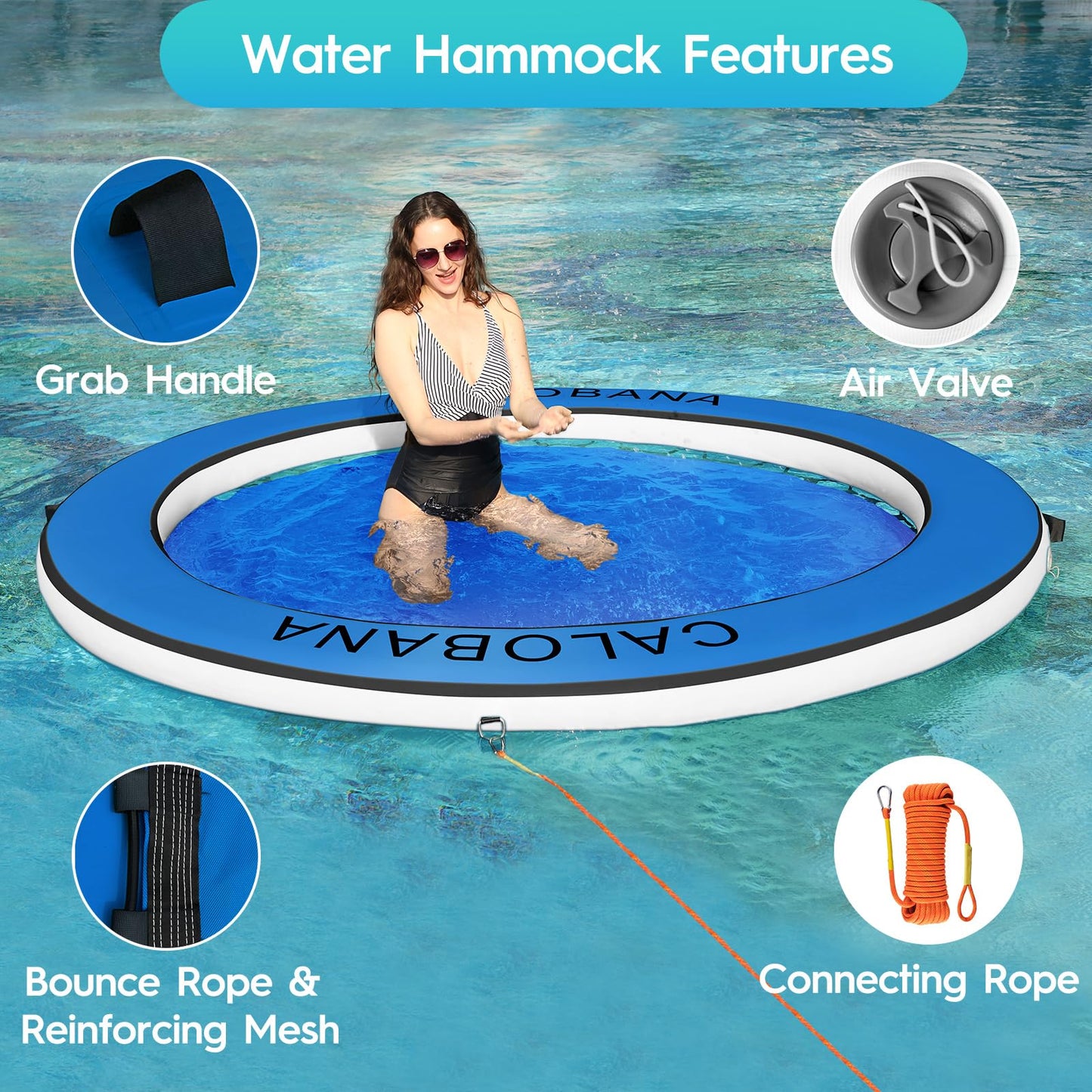 Calobana 8Ft Round Inflatable Water Hammock, Heavy Duty Floating Ring Dock Island Platform River Floats For Adults Party Tanning