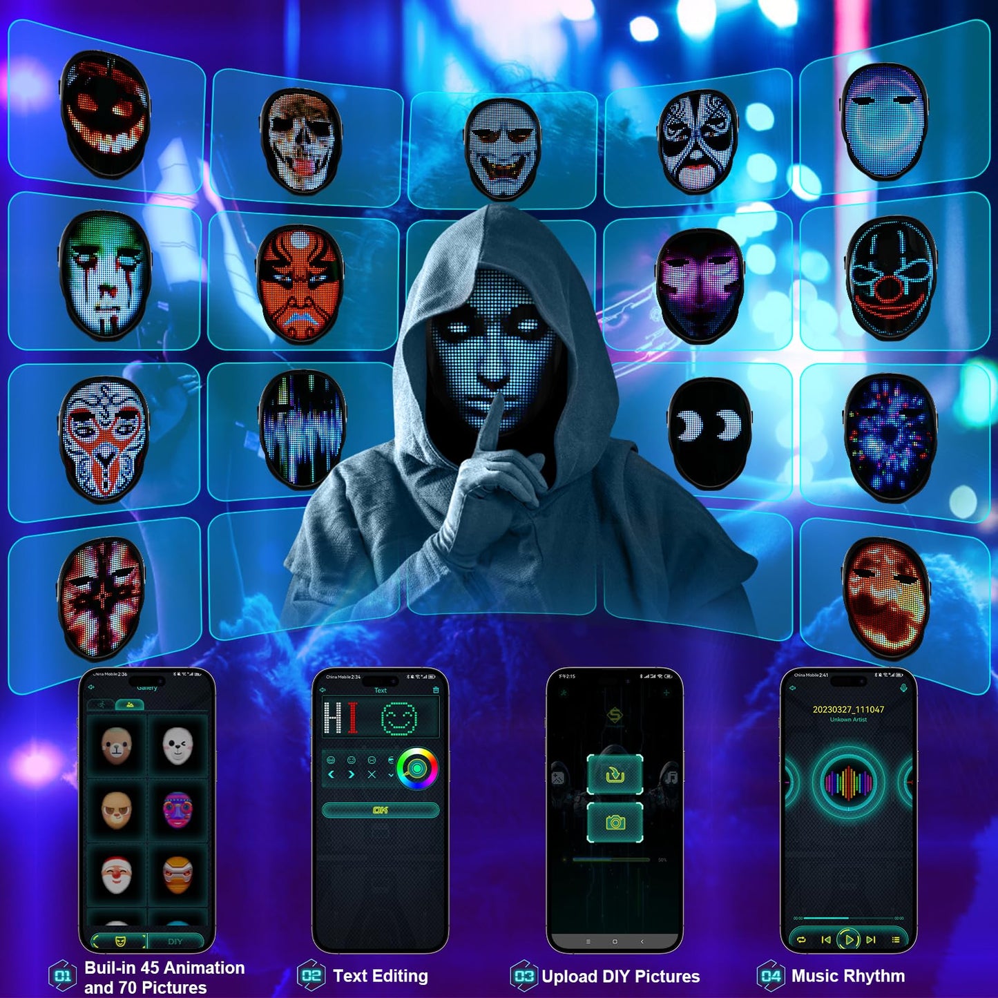 Led Mask With Gesture Control - Face-Transforming Light-Up Design, Cool Gifts For Kids & Adults - Rechargeable Halloween, Cospla