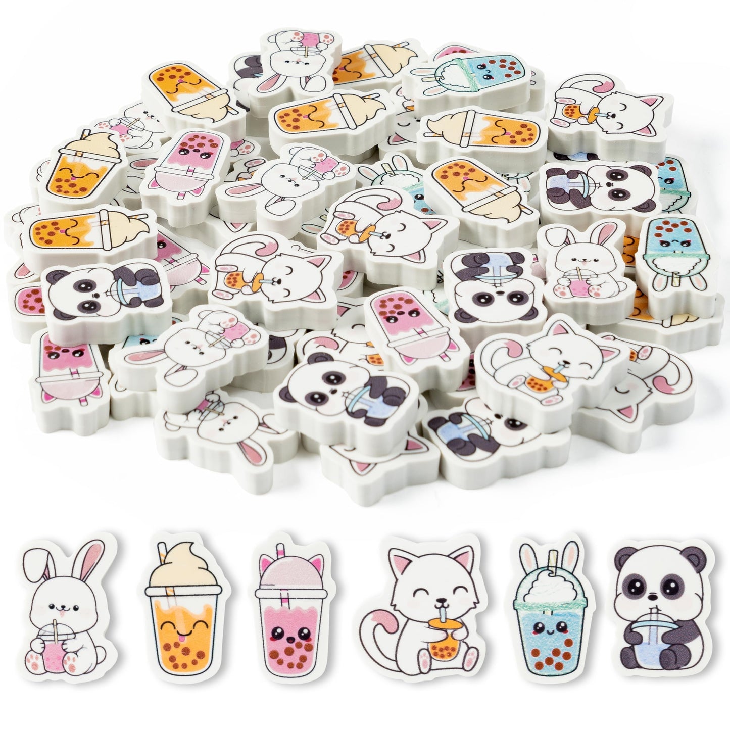 BZaber Bubble Tea Mini Eraser for Kids Bulk Christmas Winter Gifts 60Pcs Cute Kawaii Panda Rabbit Cat Boba Cup Pencils Erasers 3