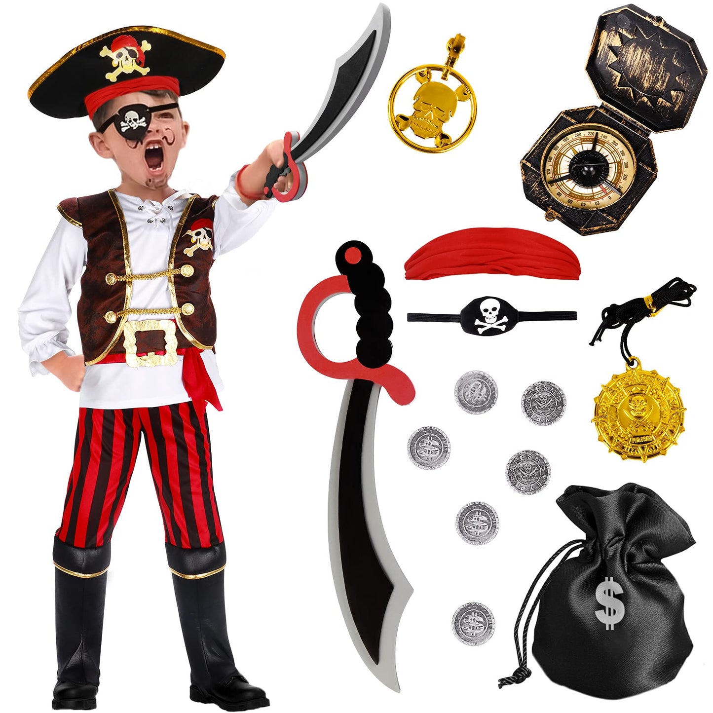 G.C Pirate Costume For Kids Pretend Role Play Dress Up Party Favors Deluxe Toys Gift Pirate Set For Children Toddler (10-12 Years)