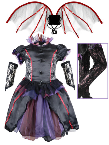 IKALI Halloween Vampire Bat Costume for Girls with Wings,Kids Gothic Darkness Fancy Dress Outfit