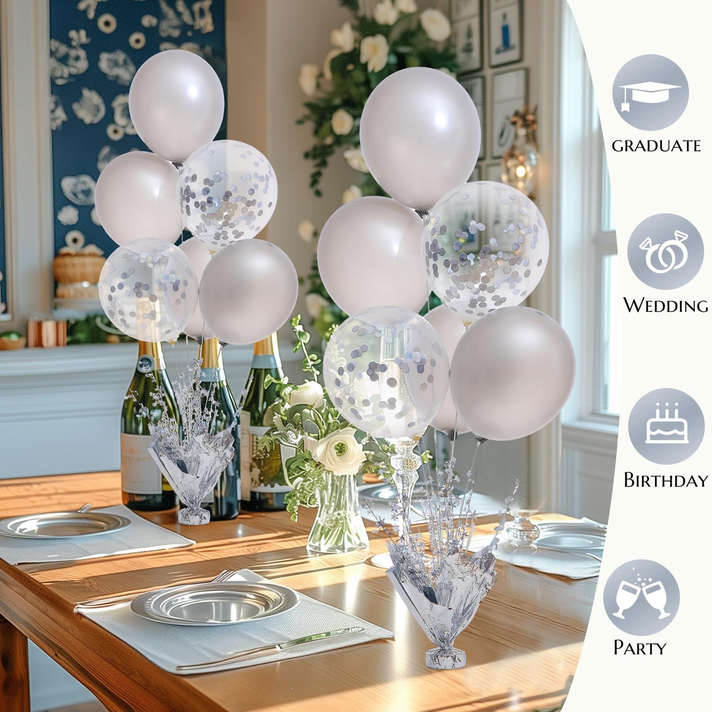 4 Set Silver Table Balloons Centerpiece Stand Kit With Silver And Confetti Balloons For Graduation Birthday Party Baby Shower Wedding Bridal Shower Prom Retirement Table Decorations