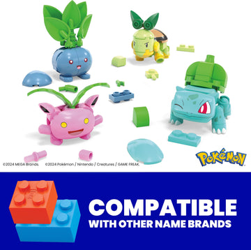 Mega Pokémon Building Toys Set Grass-Type Trainer Team With 118 Pieces, 4 Poseable Character, 2 Inches Tall, For Kids