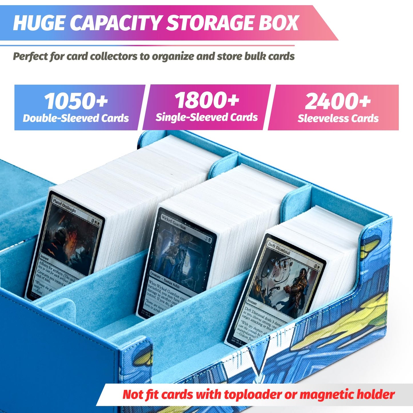 Uaono Card Storage Box For Mtg, Trading Card Deck Box Holds 1800+ With 6 Dividers, Leather Printing Magnetic Closure Card Storage Case Fits Tcg Ccg Sports Cards (Blue, Water Drop)