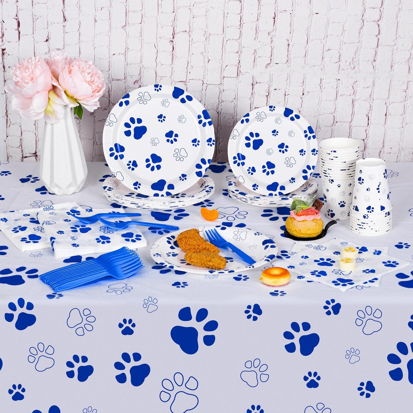 Durony 121 Pieces Blue Paw Print Party Supplies Dog Birthday Tablecloth, Plates, Napkins, Forks And Paper Cups Decorations For P