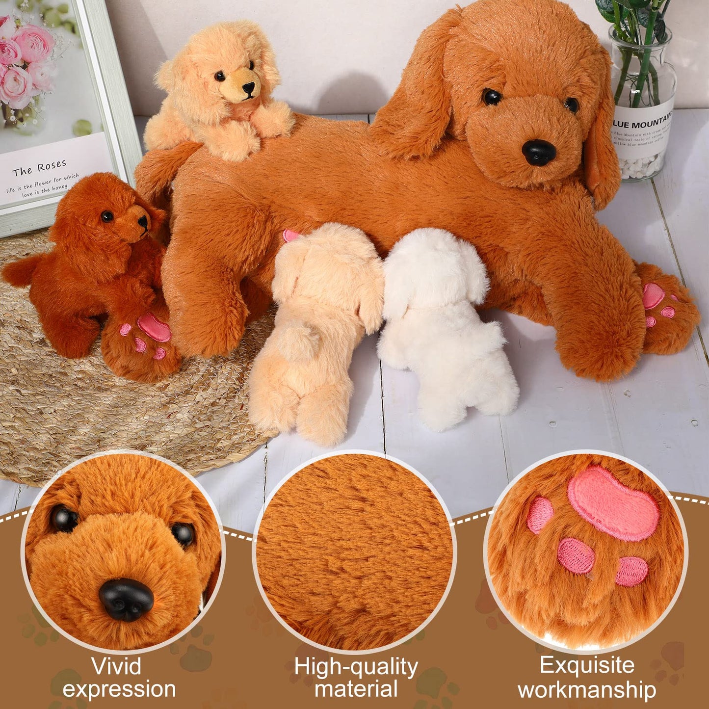 Hydren Nurturing Dog Stuffed Animal Sets Soft Cuddly Golden Retriever Plush Toys Nursing Mommy Dog With 4 Stuffed Baby Puppies F