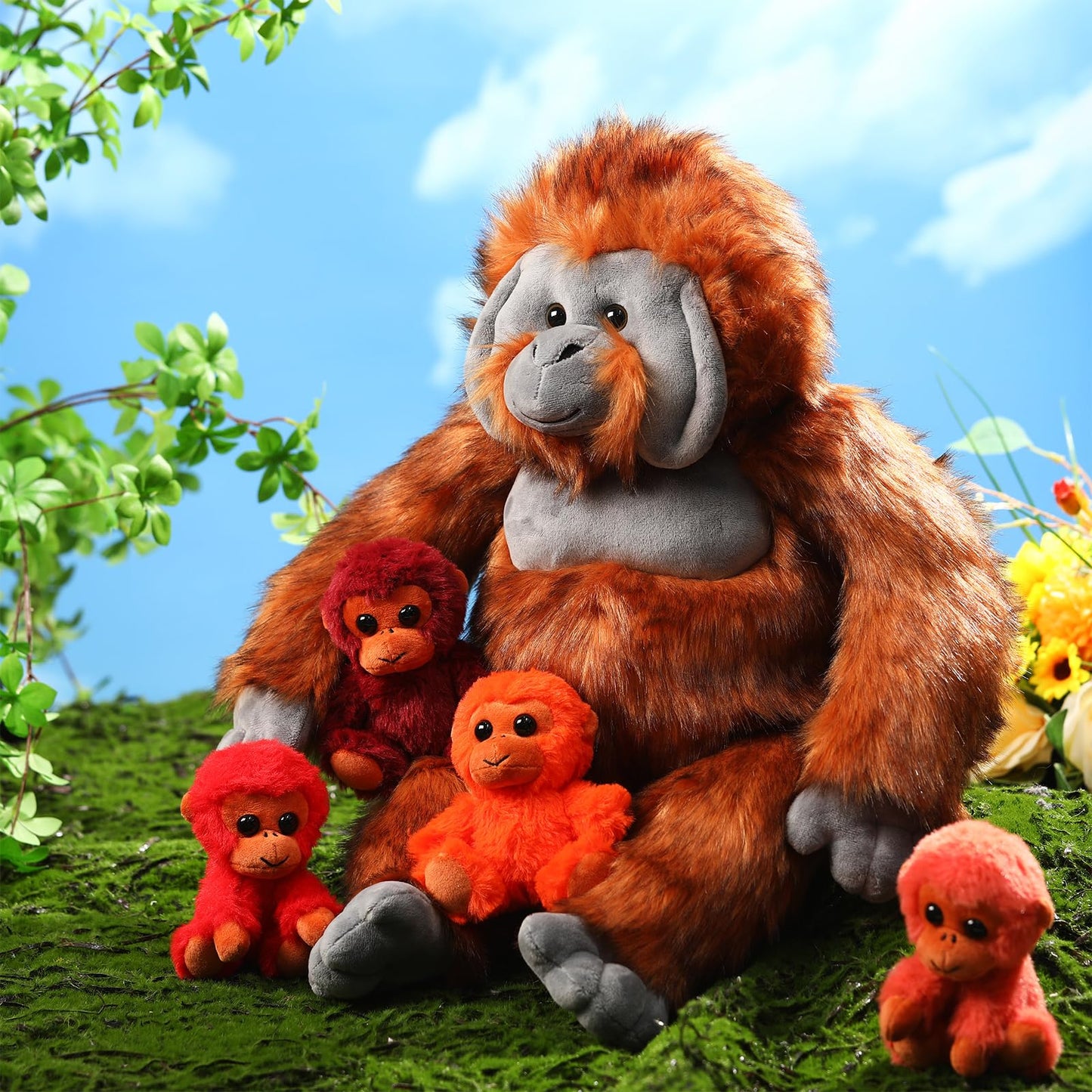 Lenwen 5 Pcs Plush Gorilla Orangutan Stuffed Animals Set 14 Inch Large Mommy Gorilla With 4 Baby Gorillas Zippered Gorilla Plush