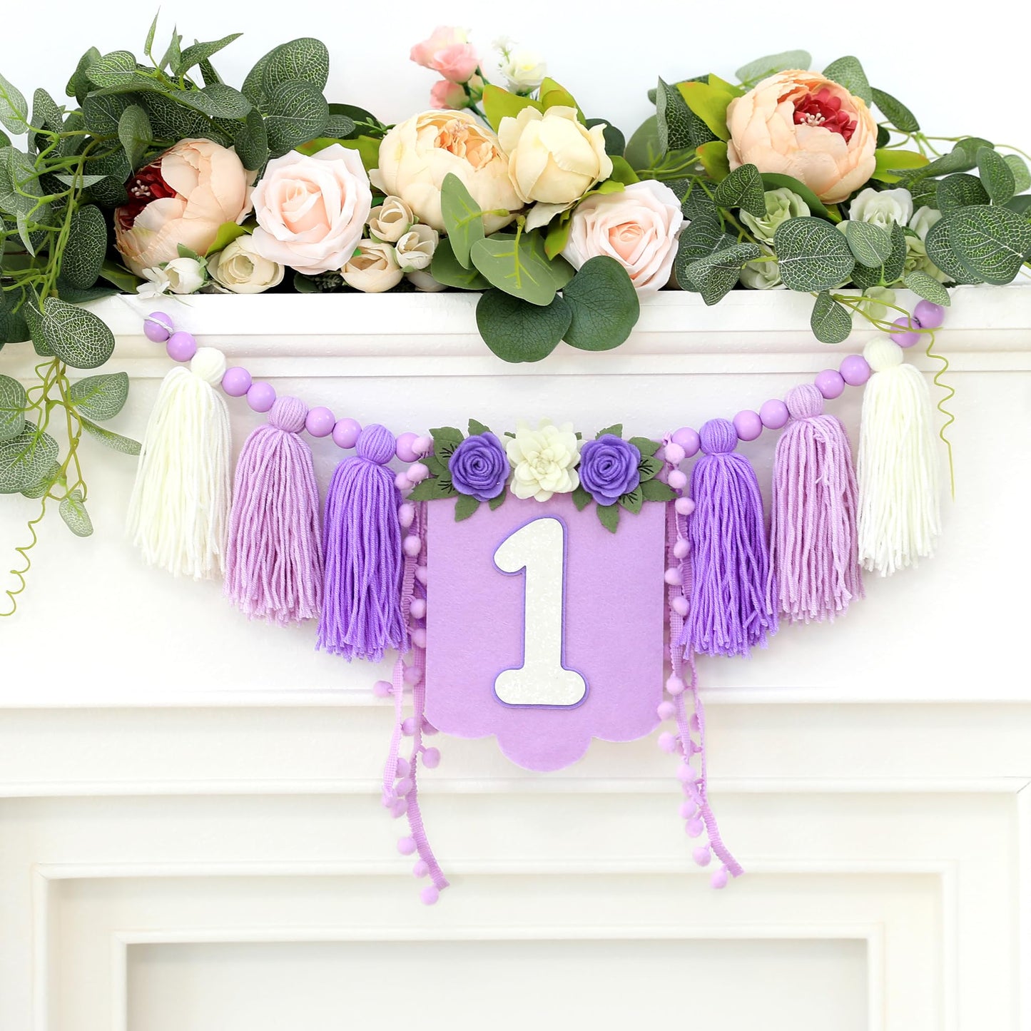 HODIHIWI Handmade Wildflower 1st Birthday HighChair Banner Purple White Party Decoration For Girls Hangings Decorative