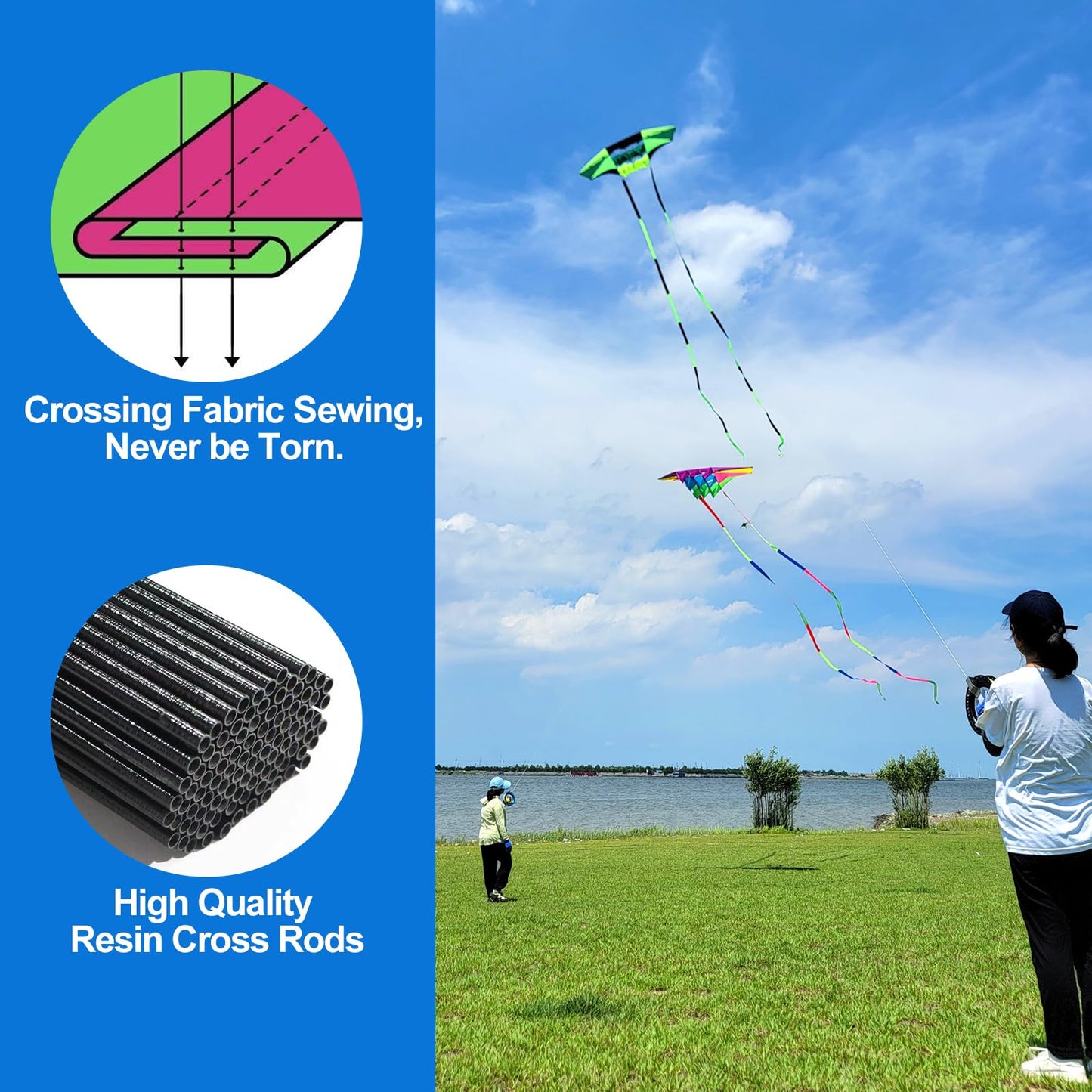 Beach Kites For Adults Large With Long Tail, 98 Inches Super Easy Flyer 3D Rainbow Box Kites, Come With 49 Feet Multi Colors Tails X 2, 300 Ft Kite String & Handle (Black Green)