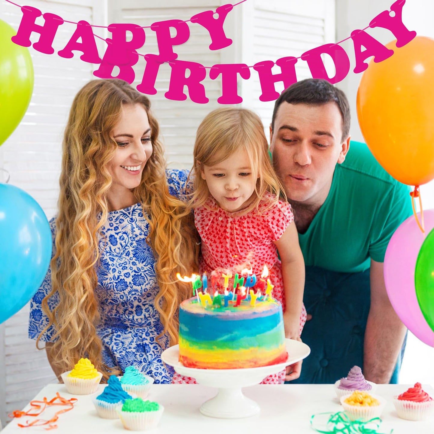 Pink Happy Birthday Banner Sign Happy Birthday Bunting Banner Flag Garland For Kids Girls Baby Birthday Party Decorations Supplies