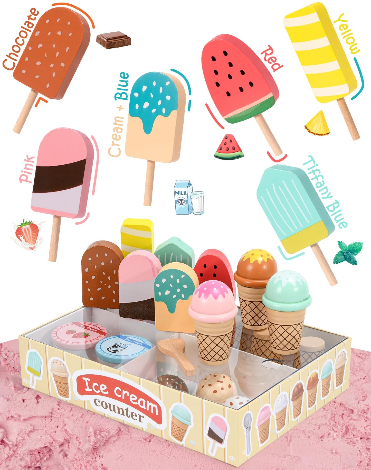 Toyssa Wooden Ice Cream Toys Kids Pretend Play Store Toys for Toddlers Girls 3 4 5 6, Wooden Food Christmas Birthday Gifts Play