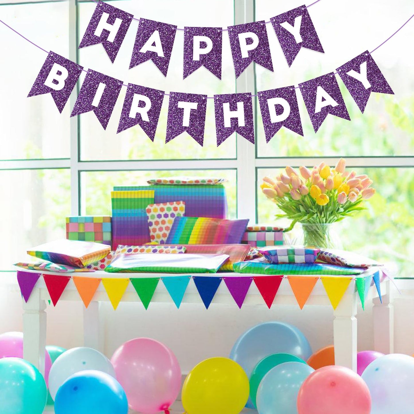 Hooqict Purple Glitter Happy Birthday Banner - Cardstock Garland for Women & Girls - Party Decorations - Model P-HF-SRKL-SG-PUR-1