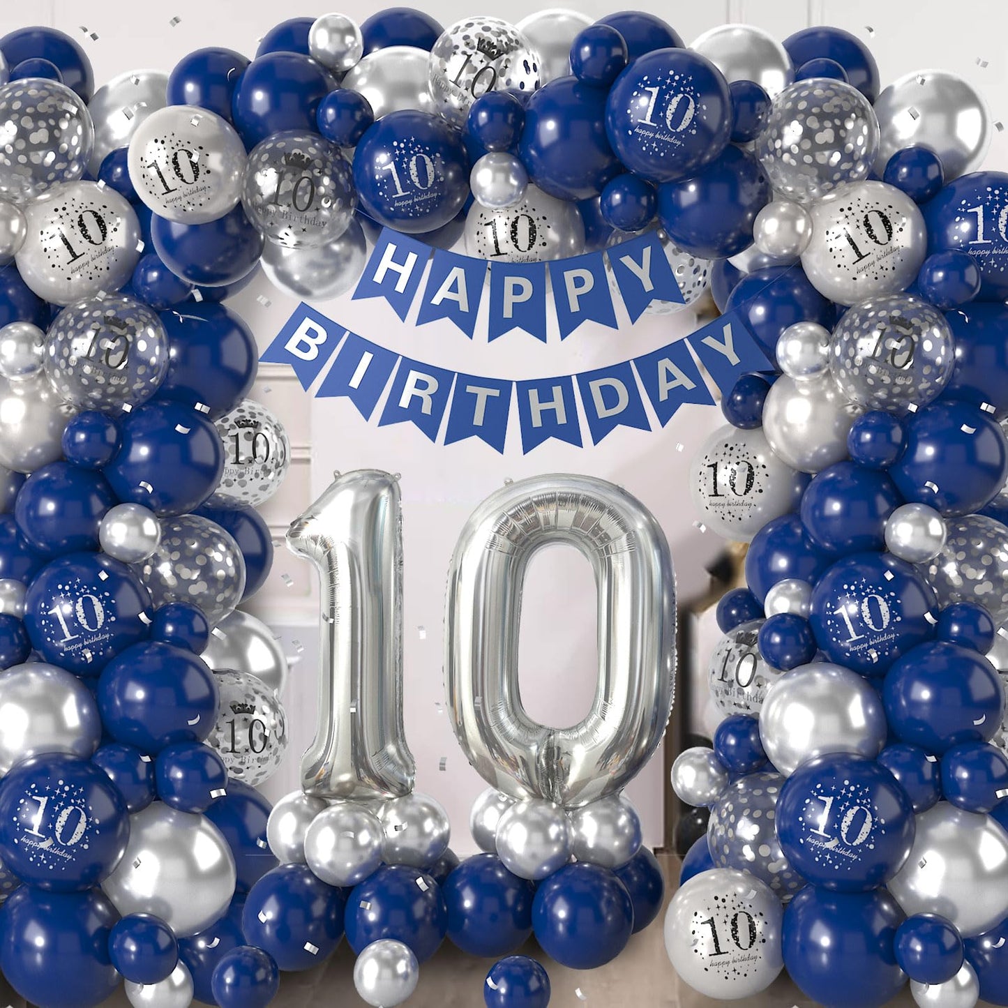 10Th Birthday Decorations Navy Blue Silver,10Th Birthday Balloon Garland Party Decorations With Number 10 Foil Balloons,Happy Bi