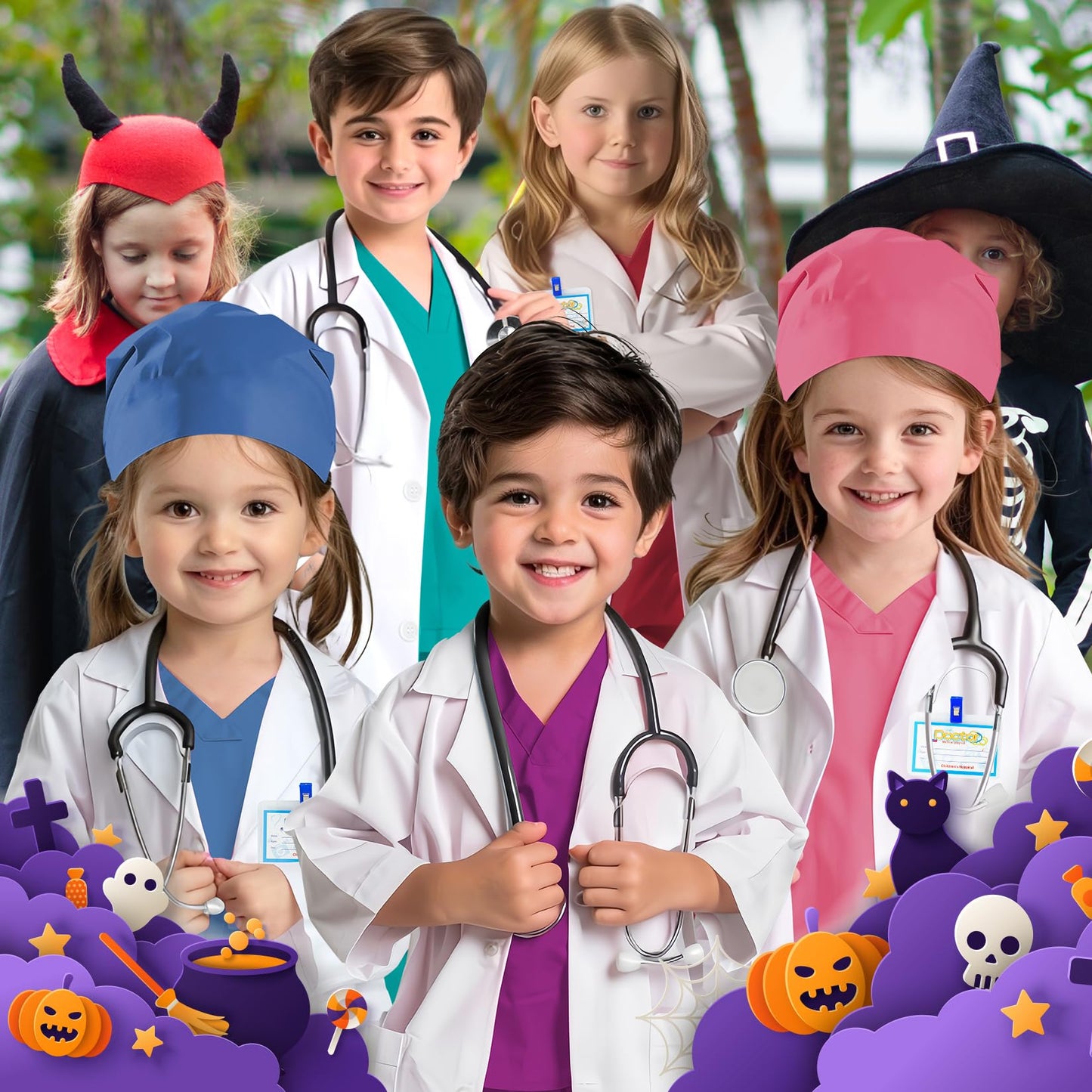 COTATERO Doctor Scrubs Costume for Kids With Stethoscope Lab Coat Career Day Costume Halloween Dress Up For Boys Girls 3-12 (Light Pink XL-140/7-8Y)
