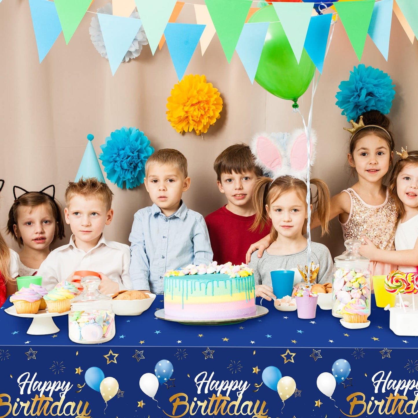 Navy Blue Party Supplies Blue Stars Happy Birthday Tablecloths Blue Starry Confetti Table Covers For Kids Boys Girls Baby Shower
