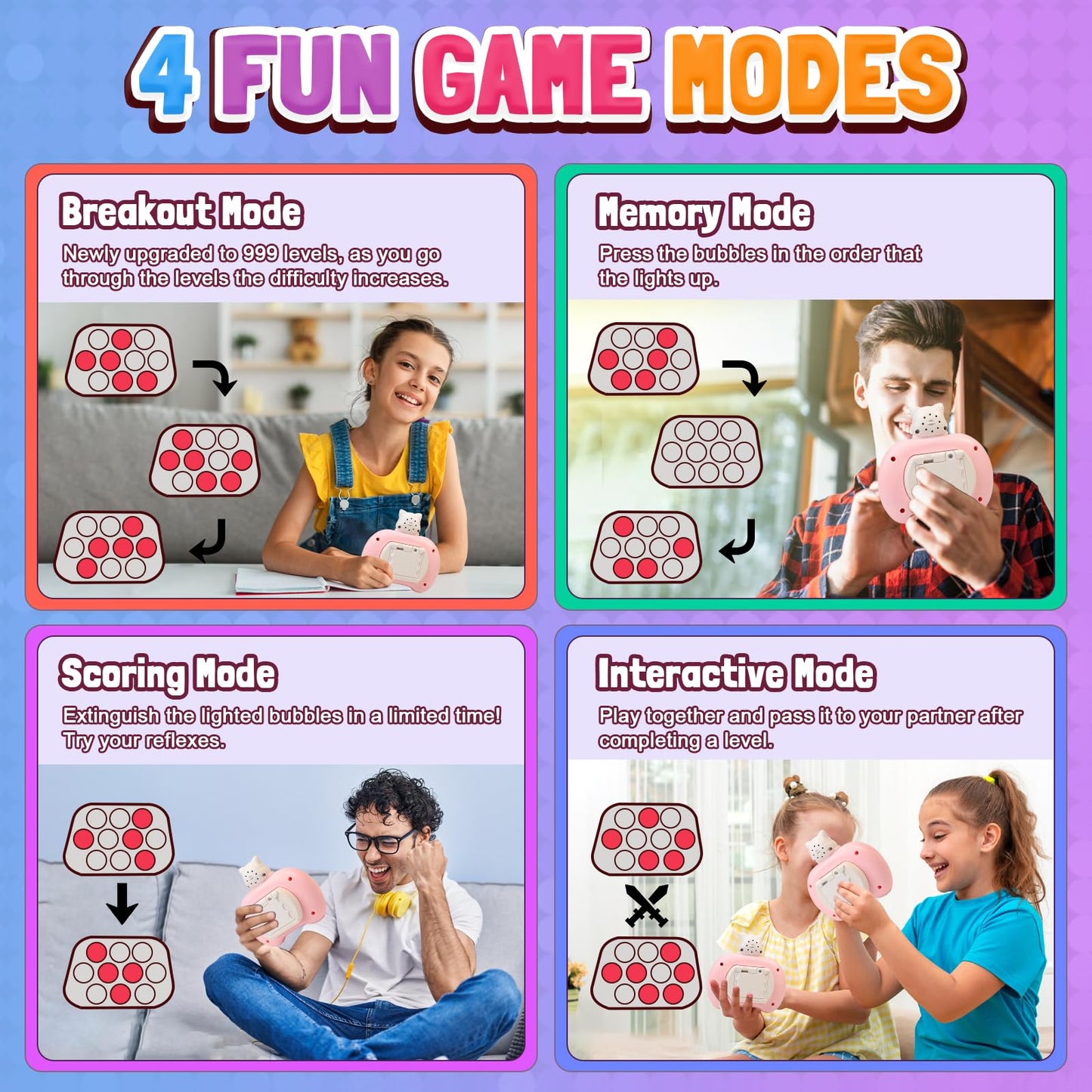 Quick Push Pop Game - Electric 4 Mode Light Up Handheld Games Fast Push Sensory Bubble Toys With Music, Party Birthday Toys For