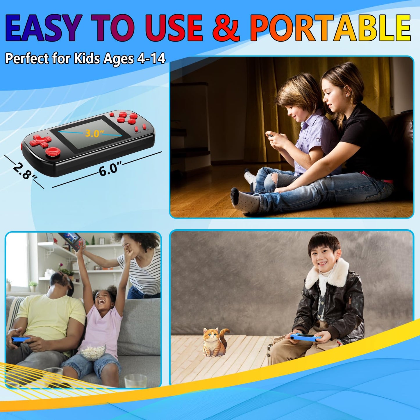 Great Boy Handheld Games For Kids Aldults With 270 Classic Retro Video Game 3.0'' Color Screen Tv Output Rechargeable Arcade Gaming Player,Support 2 Players Gamepad Birthday Xmas Gift (Black)