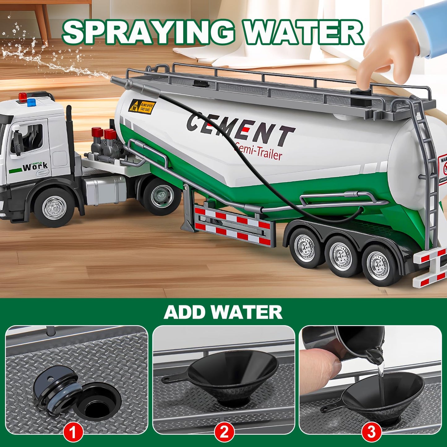 Hapyad Semi Truck Toy For 3 4 5 6 7 Years Old Boys Toddlers, Large Tanker Truck With Metal Cab, Lights And Sounds, Working Water
