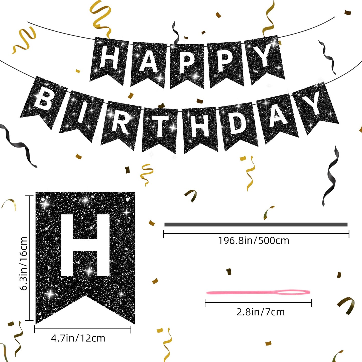 Hooqict Glitter Black Happy Birthday Banner Sign For Backdrop Black Birthday Decorations For Men Women Party Supplies Wall Door Banner Garland Bunting Flag