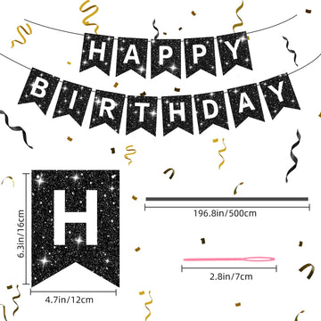 Hooqict Glitter Black Happy Birthday Banner Sign For Backdrop Black Birthday Decorations For Men Women Party Supplies Wall Door Banner Garland Bunting Flag