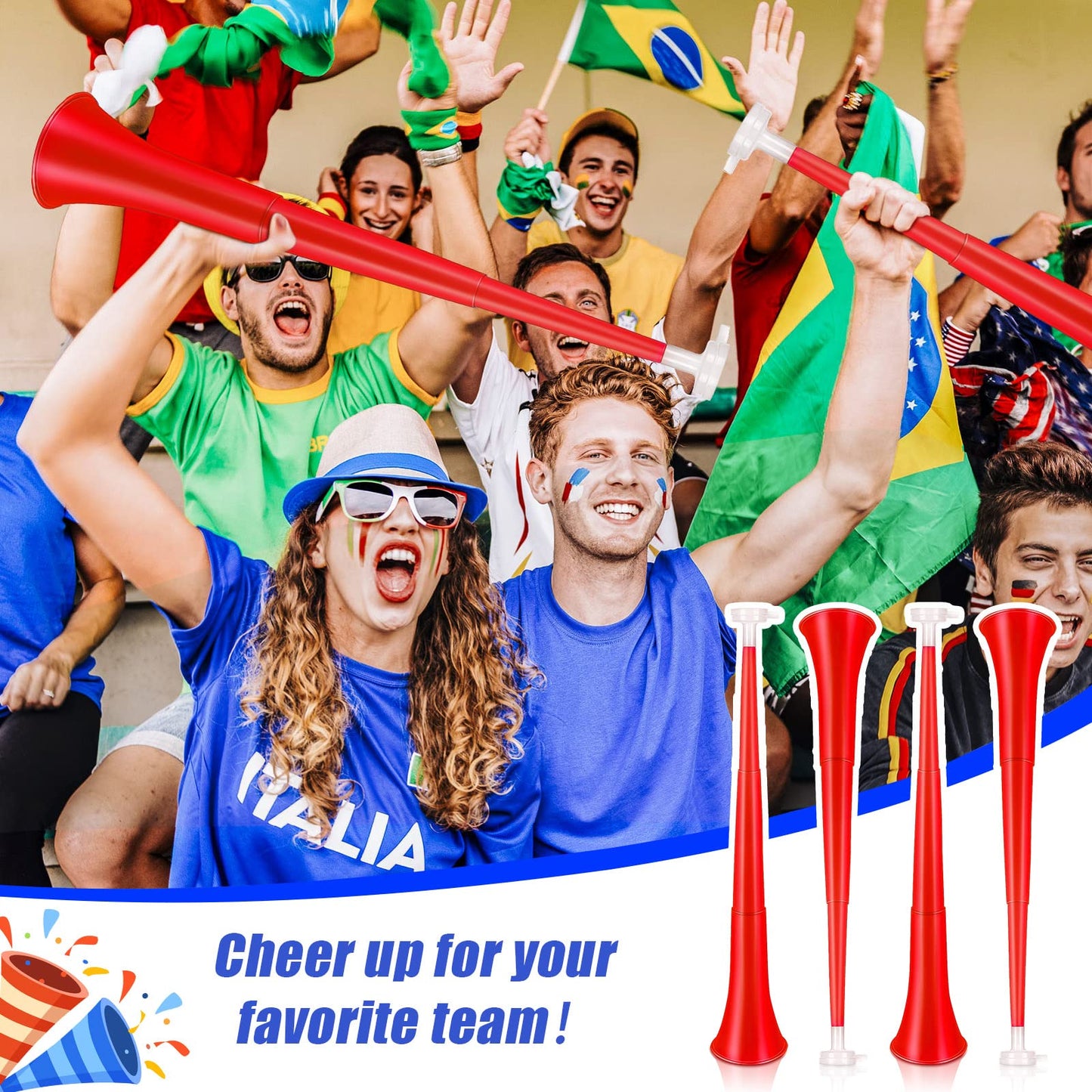 4 Pieces Collapsible Stadium Horn 24 Inch Vuvuzela Plastic Trumpet Horn Blow Horn Noisemakers For Sporting Events Graduation Games School Sports Party Supplies Favors Accessories (Red)
