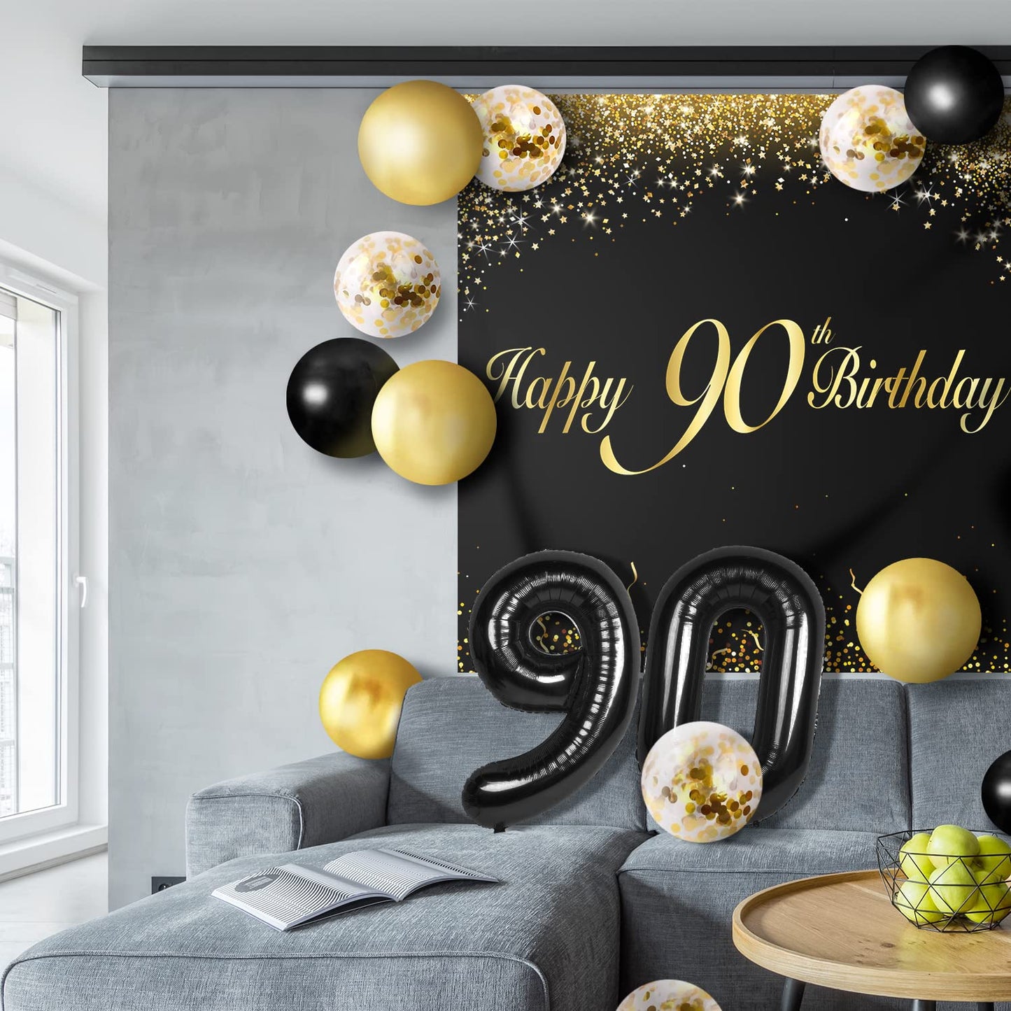 Happy 90Th Birthday Balloons Black Set Decor - Cheers To 90 Years Old Party Theme Garland Banner Backdrop Decorations For Women