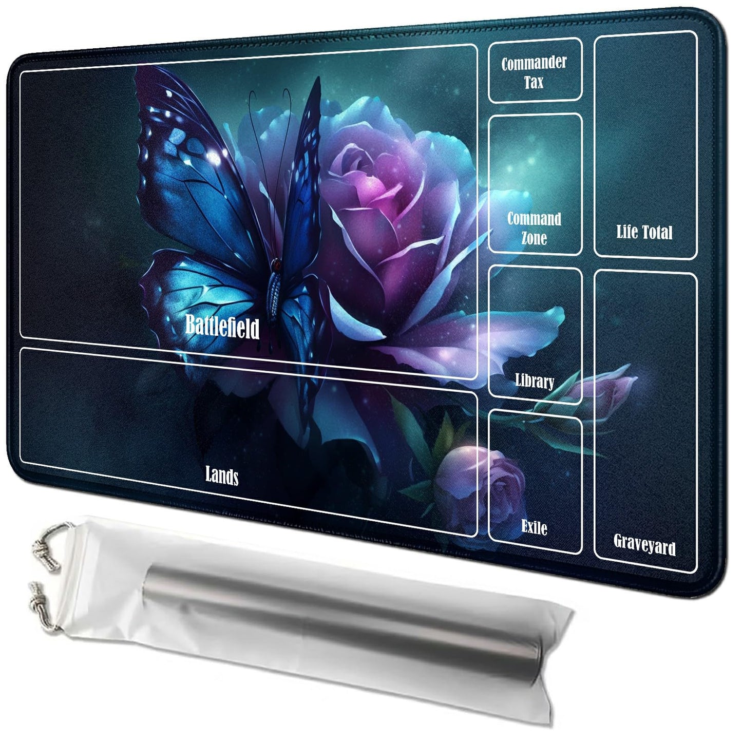 Rwutytiul Butterfly Flower Card Playmat 24 X 14 Inch With Tube Bag, Card Gameplay Playmat With Zones Commander Deck Board Mtg Rp