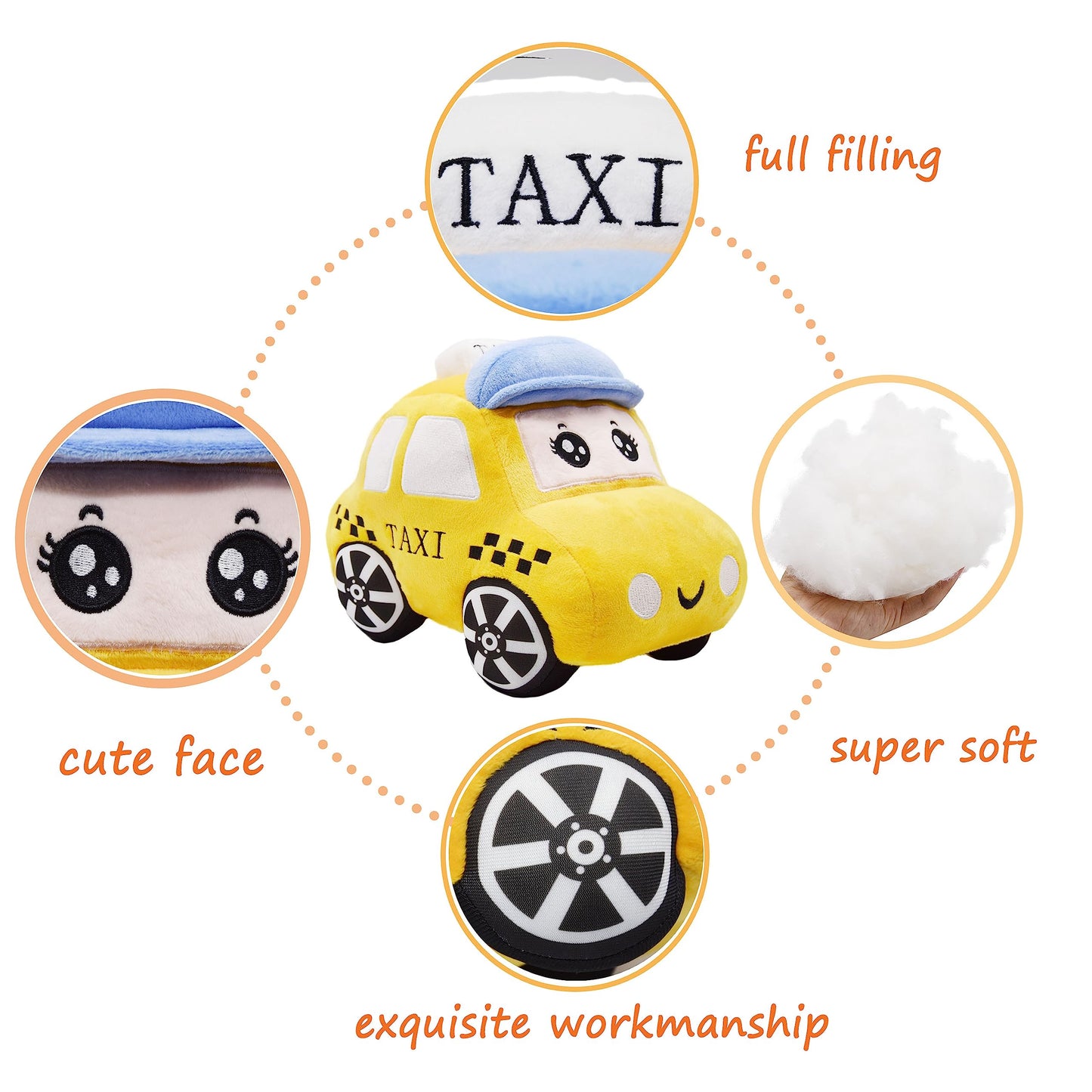 Yonlit Soft Plush Taxi Stuffed Car Toy Super Cute Yellow Truck Plushie Excellent Gifts For Kids Or Birthday Party 10.6 Inches (Taxi)