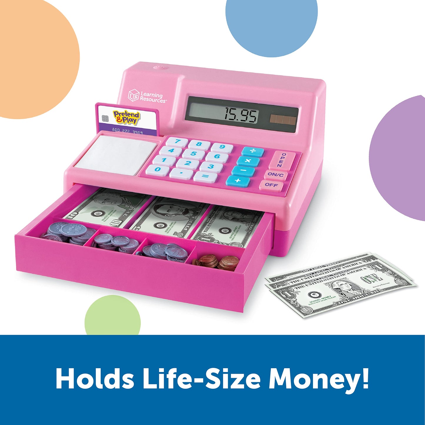 Learning Resources Pretend & Play Calculator Cash Register Pink - 73 Pieces, Ages 3+, Cash Register for Kids, Play Money for Kid