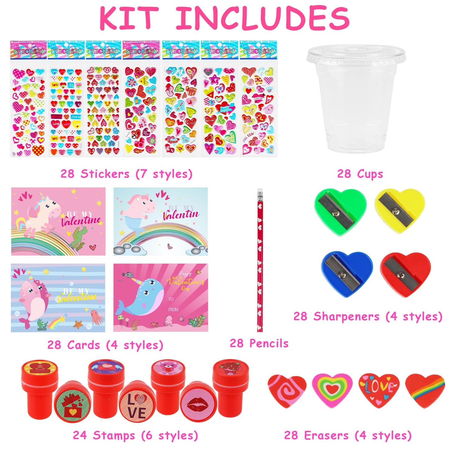 Advoxa Valentines Day Gifts For Kids - 28 Packs Valentines Stationery With Cards And Cups, Valentines Gift Exchange Classroom Pr
