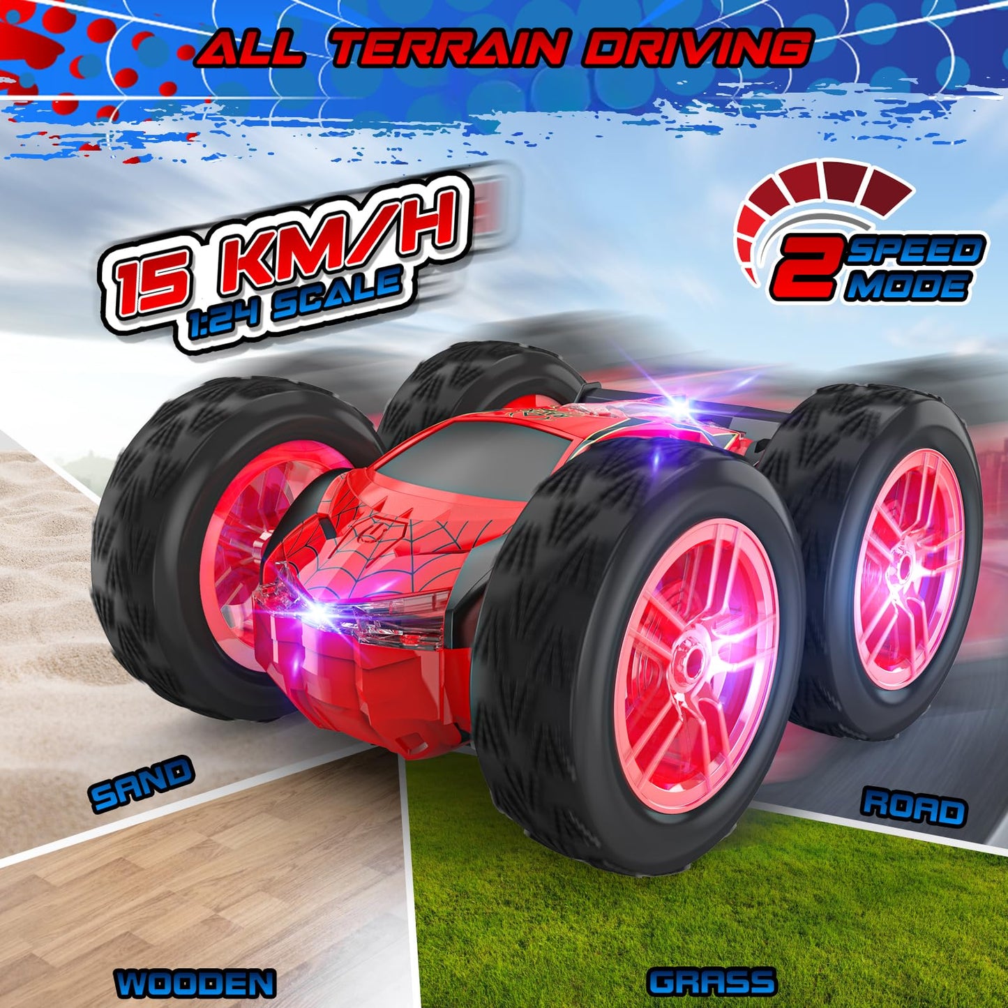 Wupuaait Remote Control Car for Kids, RC Stunt Cars Toys for Boys Ages 4-7 with Cool Double-Sided Pattern and LED Flash, 1:24 Ve