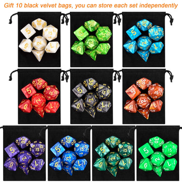 10 X 7 Polyhedral Dice Set (70 Pieces) for Dungeons and Dragons DND RPG MTG Table Games D4 D6 D8 D10 D% D12 D20 with 10 Pack Bla