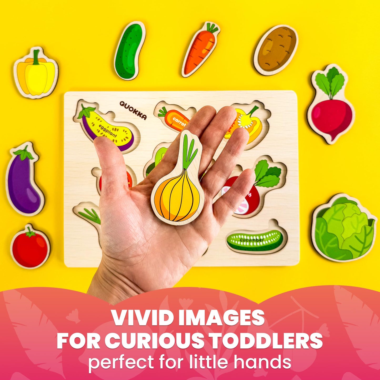 Quokka Wooden Puzzles For Toddlers 1-2 – 4 Set Pegged Puzzles For Kids Ages 1-2 – Veggies Learning Toy For Kids – Gift Realistic Educational Game For Boy And Girl