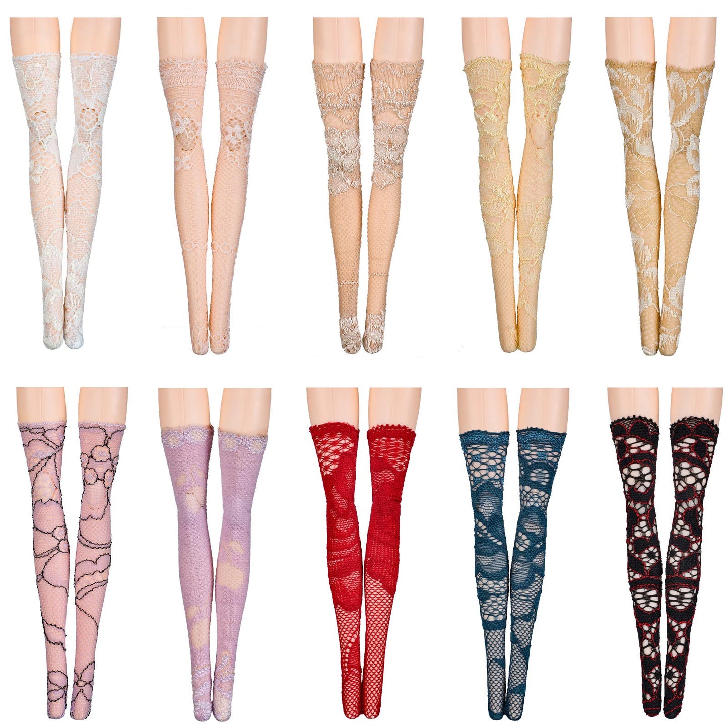 Sotiff 10 Pairs Doll Lace Stockings Handmade Long Sock Christmas Doll Accessories Legging For Diy Clothes Toy(Classic Style)