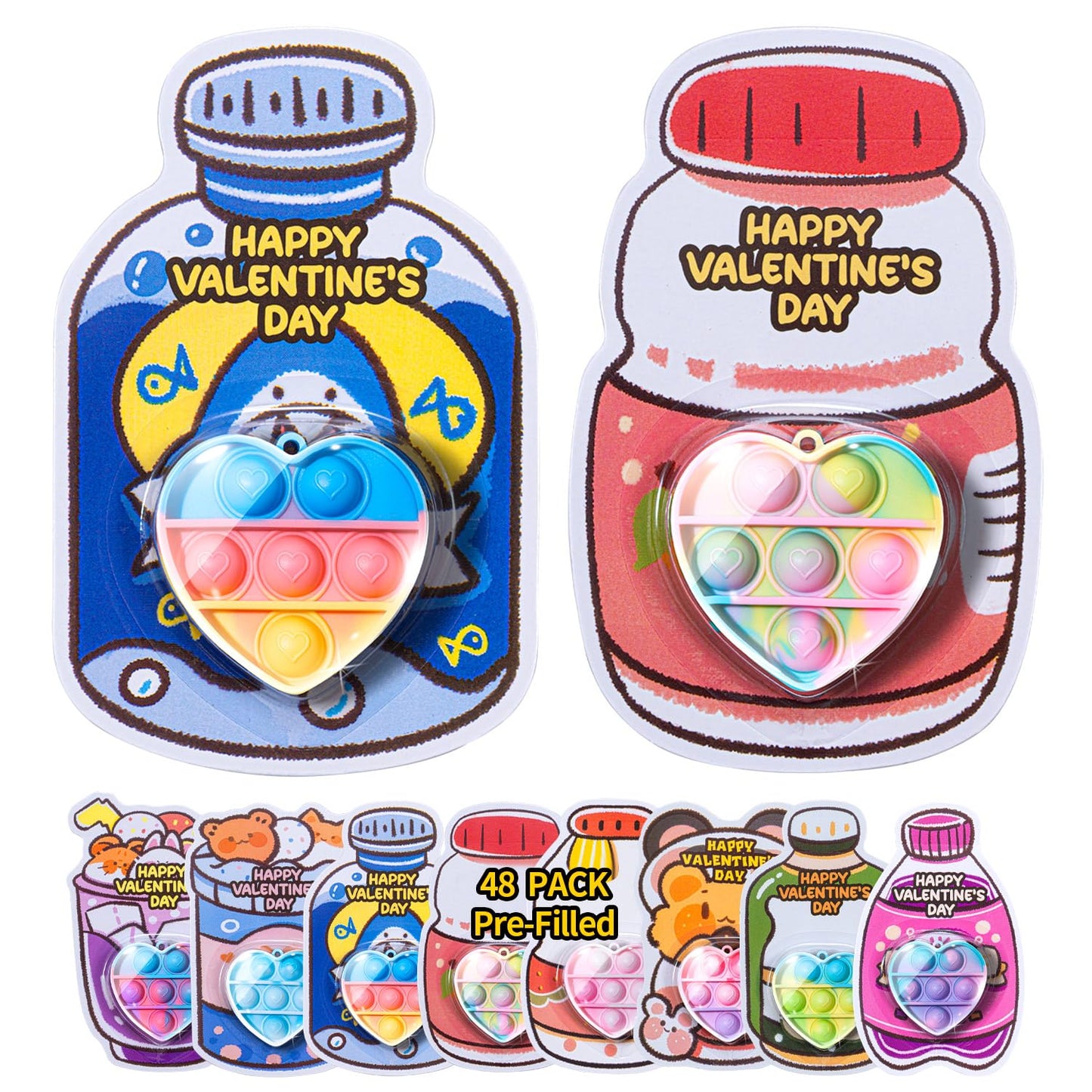 Meadin Valentines Day Gifts For Kids - 48 Pack Prefilled Heart Pop Fidget Valentines Cards For Kids Classroom - Valentine Exchan