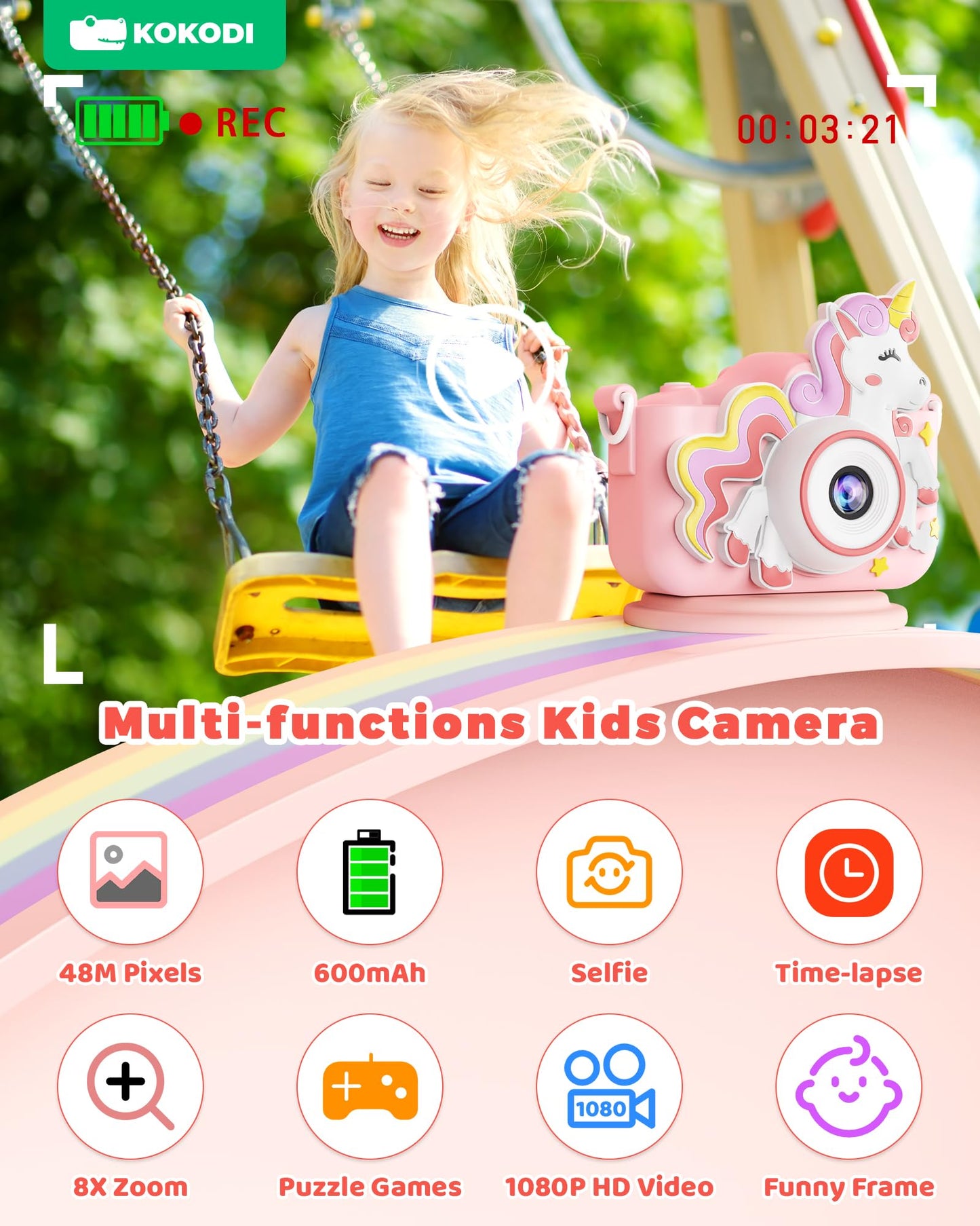 Kokodi Kids Camera Toy Digital Camera For Kids, Birthday Gifts For Girls Age 3-12, 1080P Hd Video Camera For Toddler, Unicorn Ch