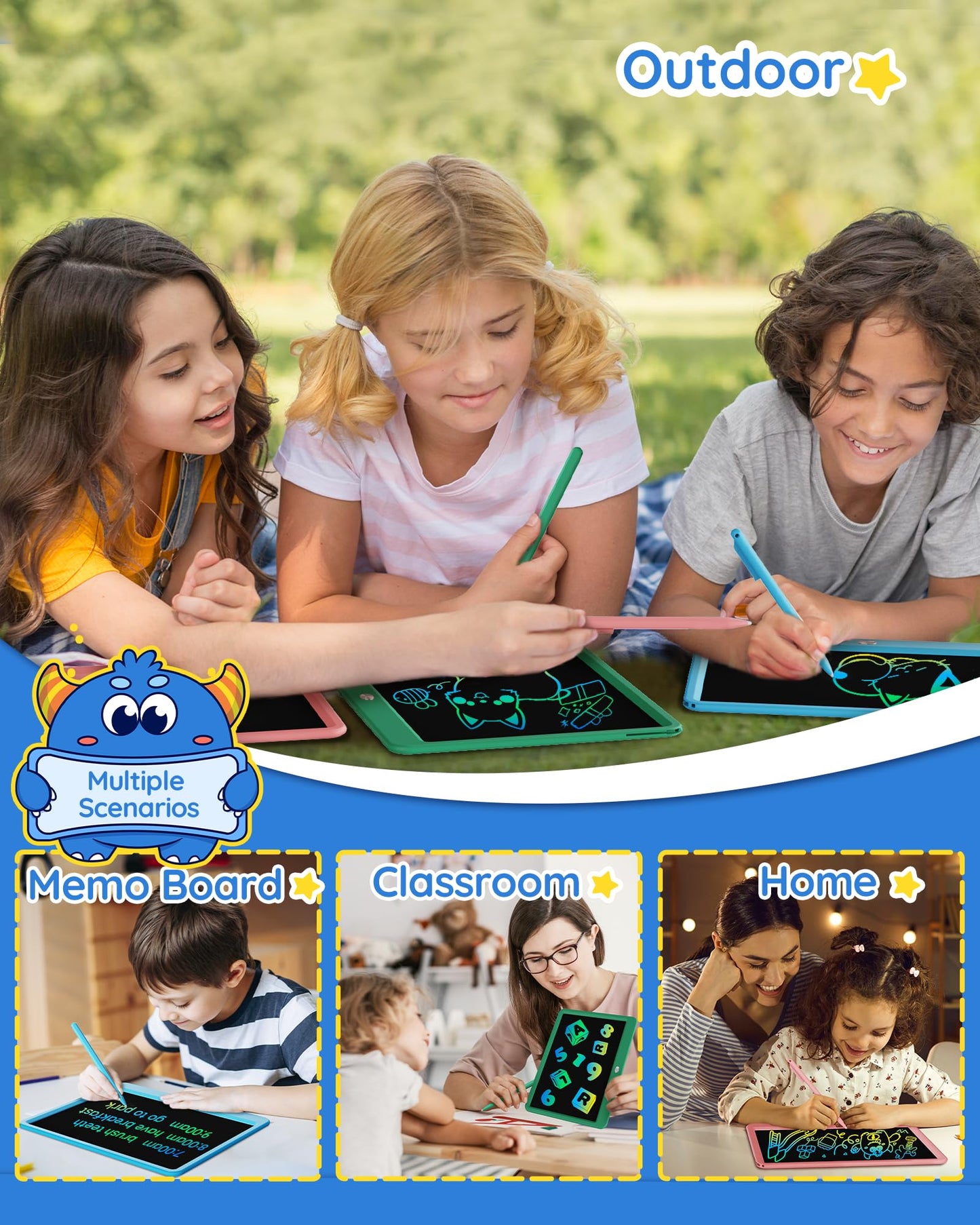 Tekfun Lcd Writing Tablet For Kids Boys Toys, 12 Inch Erasable Doodle Board Colorful Doodle Pad, Mess Free Coloring Board Games