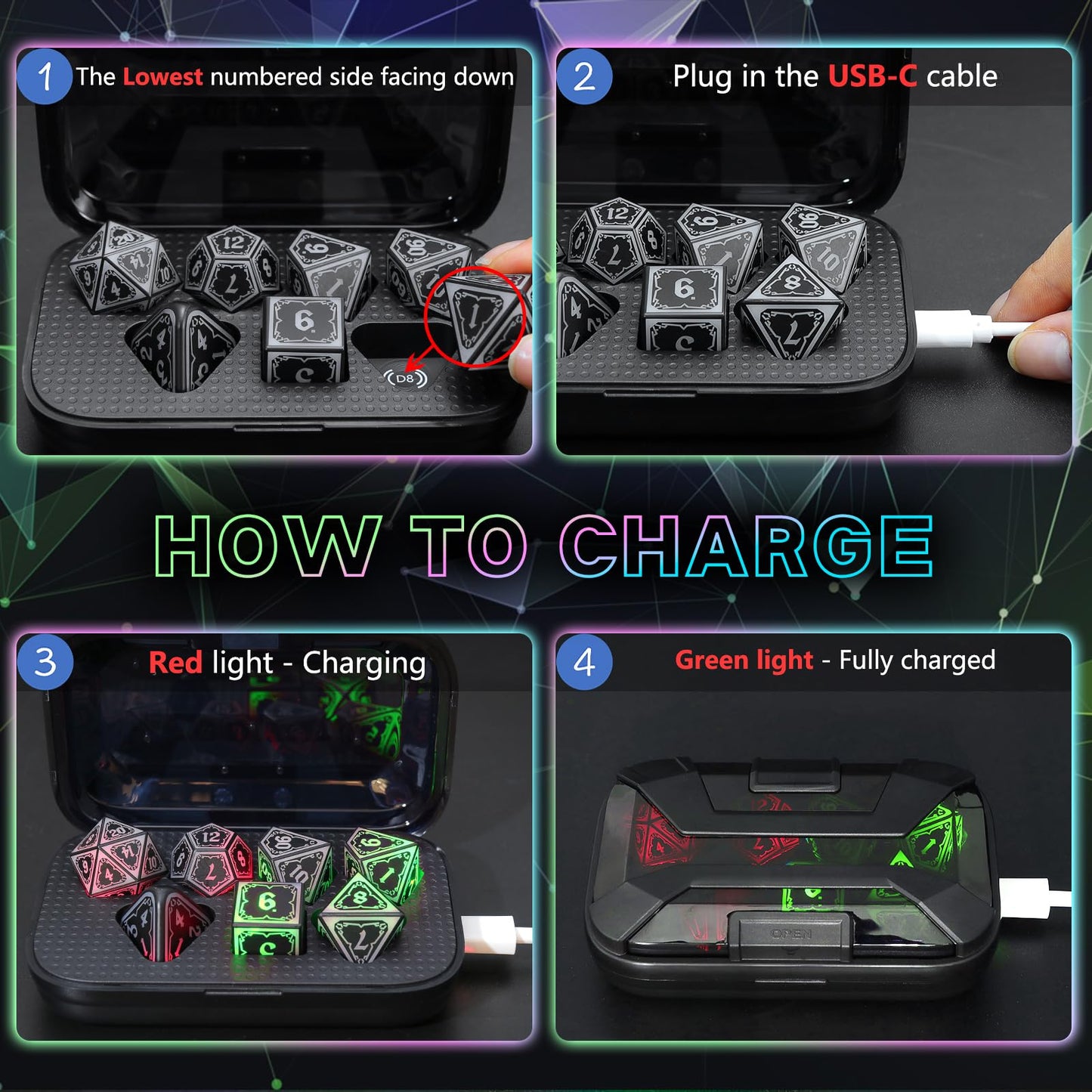 FONVGOGO Light Up Dice Set D&D for Dungeons and Dragons 4 in 1 Color, Cool LED DND Dice with Charging Box Rechargeable Polyhedra