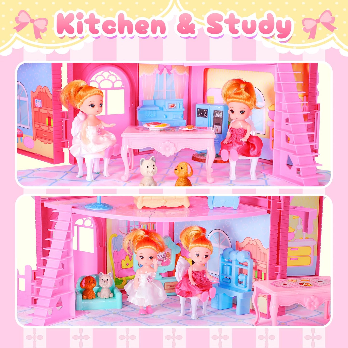 Amidear Foldable Dollhouse 2024, Dream 3-Story Princess Doll House Playset With Furniture Slide, Pink Toddler Toy House For 3 4