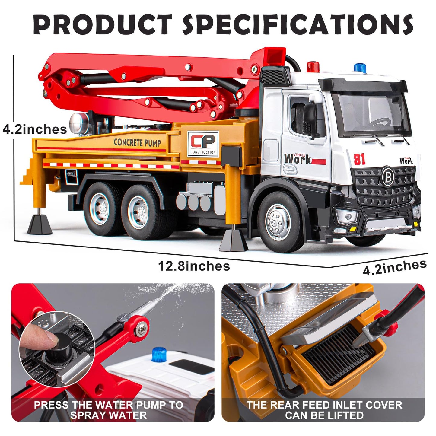 Concrete Pump Truck Toy Metal Cab, Diecast Construction Trucks with Working Water Pump, Lights and Sounds, Construction Vehicles