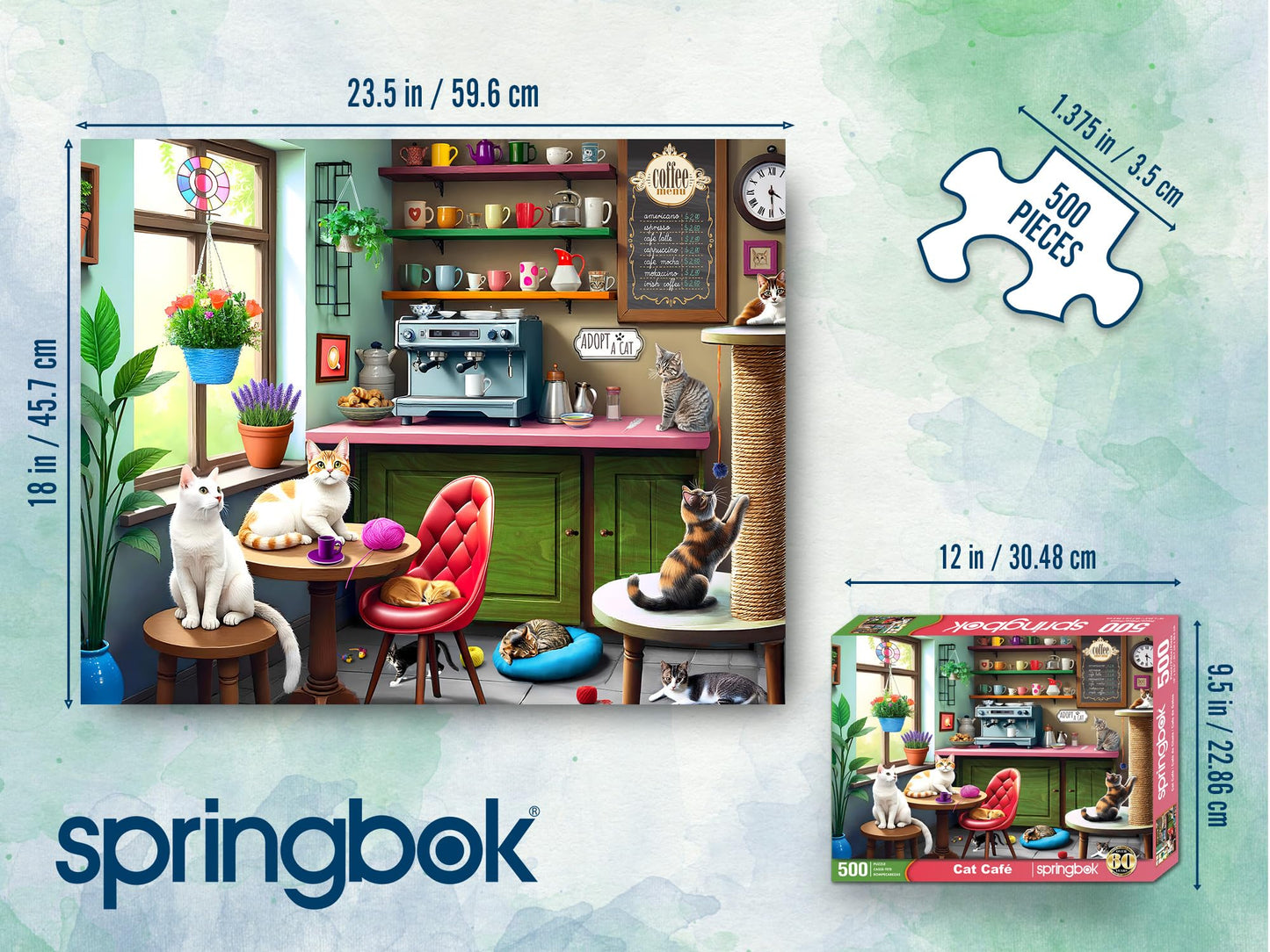 Springbok 500 Piece Jigsaw Puzzle - Kittens in Coffee Shop - Unique Cut - 18x23.5 inches - Cardboard - Cat Café - Model 33-01770