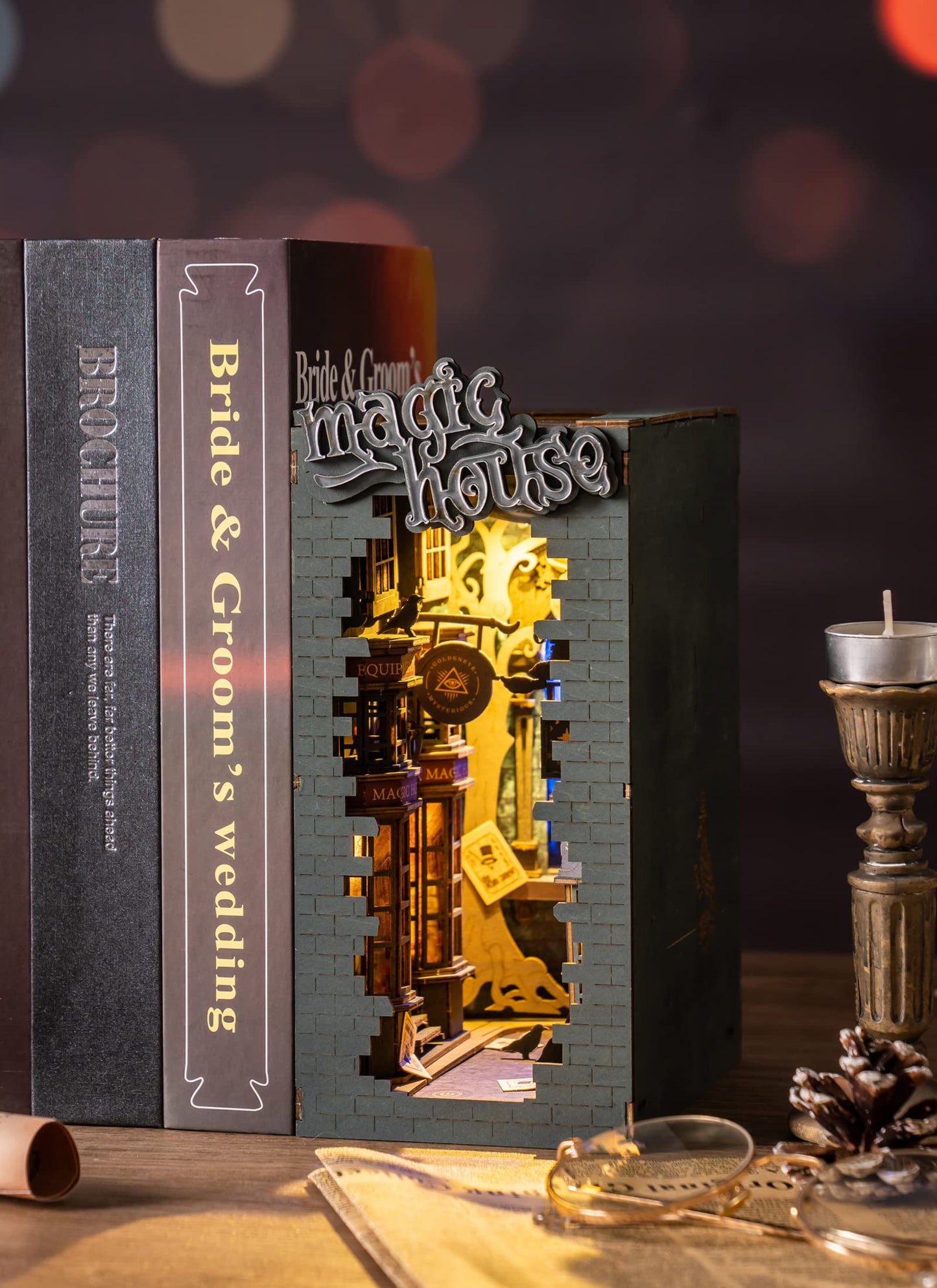 Robotime Diy Book Nook Kit Decorative Booknook Bookshelf Insert Bookcase Book Stand 3D Wooden Puzzle Diy Miniature House Kit With Led Light Model Kit For Adults (Magic House)