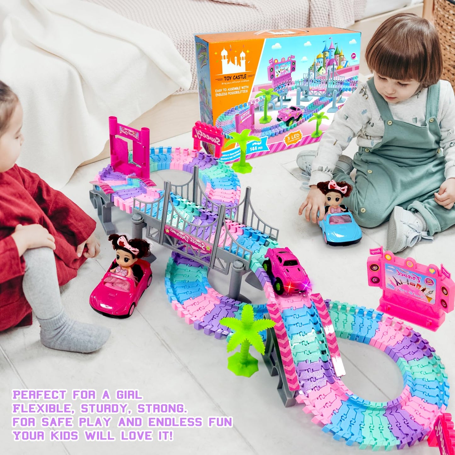 Tracks Car Toys Set For 3 4 5 6 Year Old Girls Kids,201 Pcs Rock Music Theme Flexible Tracks Car Princess Toys Pink Doll Racing