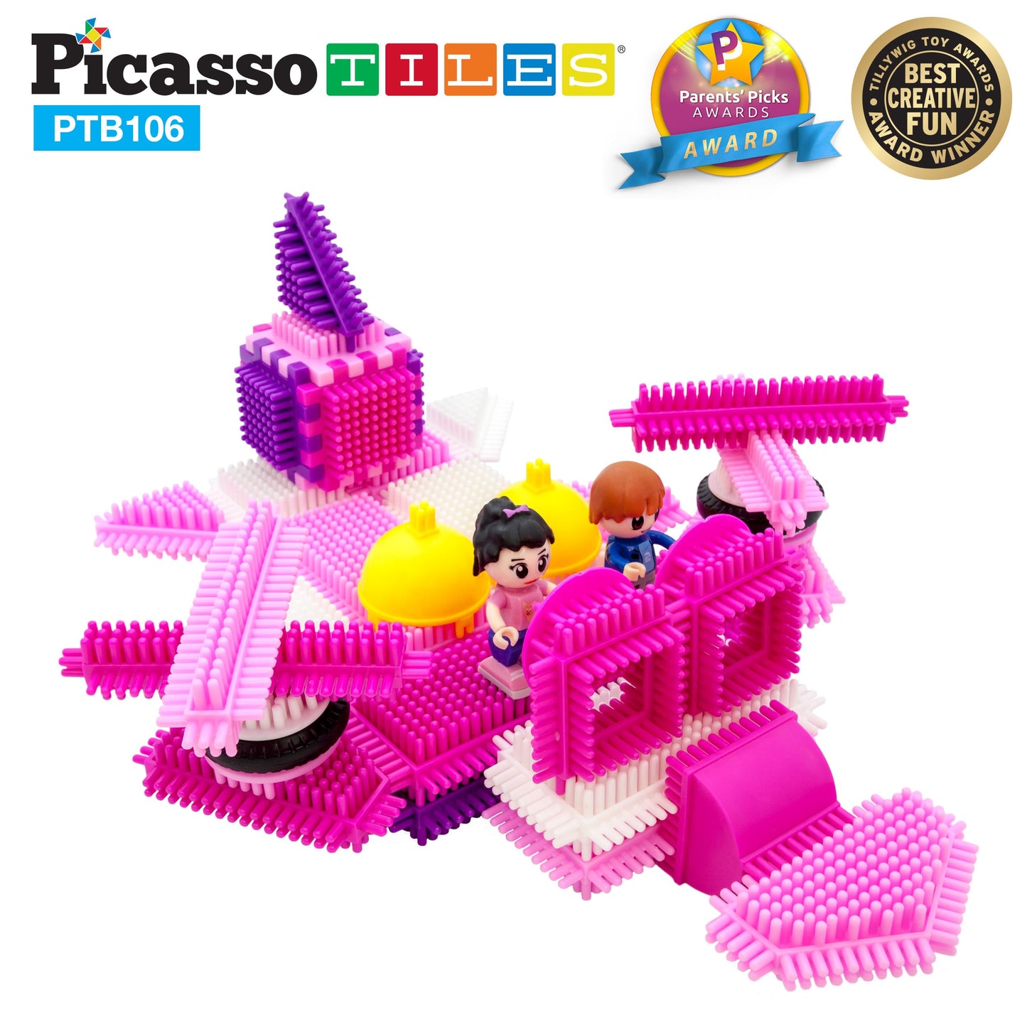 Picasso Toys Ptb106 106Pcs Hedgehog Block Building Blocks Tiles Pink Castle Theme Set W/Human Figures Learning Playset Stem Toy