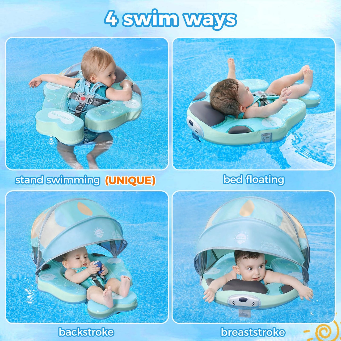 Mambobaby Float With Canopy Upf 50+ Sun Protection Pearl Foam Non-Inflatable Solid Baby Pool Float With Tail Mambo Float Swim Trainer Skin-Friendly Infant Swimming Ring For Baby 3-48 Months