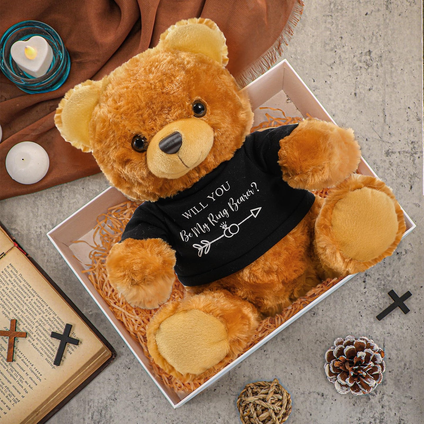 Jexine 2 Pieces Wedding 10 Inch Bear Stuffed Animal Will You Be My Flower Girl Ring Boy Proposal Gifts from Bride Groom with Clothing for Wedding Proposal Anniversary Party (Ring Bearer)