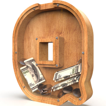 Piggy Bank For Kids Boys Girls, Large Personalized Wooden Letter Piggy Bank With Cut-Out Design, Alphabet Letter Coin Banks, Money Savings Box, Wooden Bank For Kids Creative Gift For Real-Money(Q)