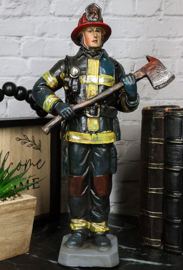 Ebros Gift Fireman In Full Suit Bunker Gear And Air Tank Holding An Axe Figurine 11' Tall Civil Service Hero Freedom Fire Fighter Decorative Sculpture 911 Emergency Fire Man Brigade