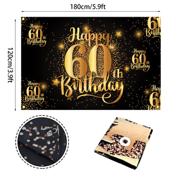 Nc Happy 60Th Birthday Backdrop Banner Step And Repeat 60 Years Old Background Decorations For Women Men Her Him Photography Party Supplies Glitter Black Gold
