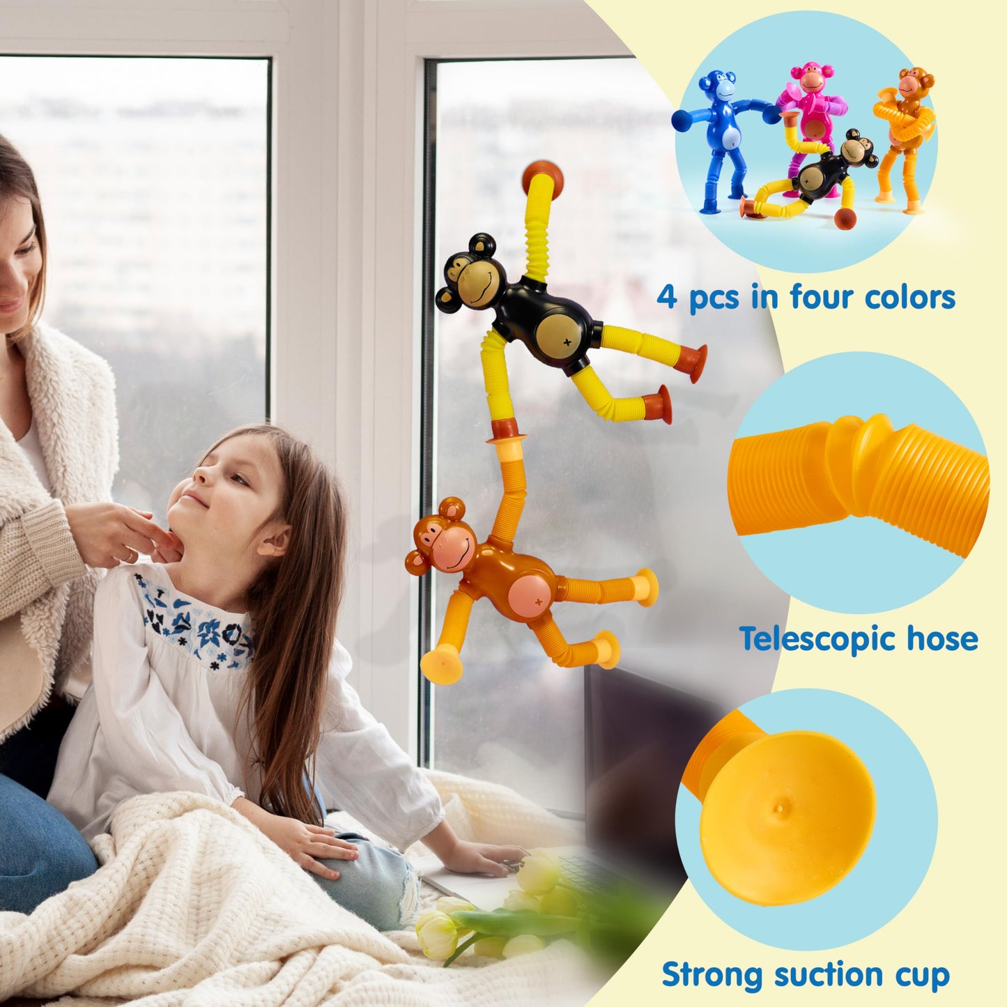 JOYIN 4 Pcs Pop Tubes Suction Cup Monkey Toys, Autism Sensory Gifts Fidget Toys for Kids Toddler Boys Girls Year Ages 3 4 5 6 7